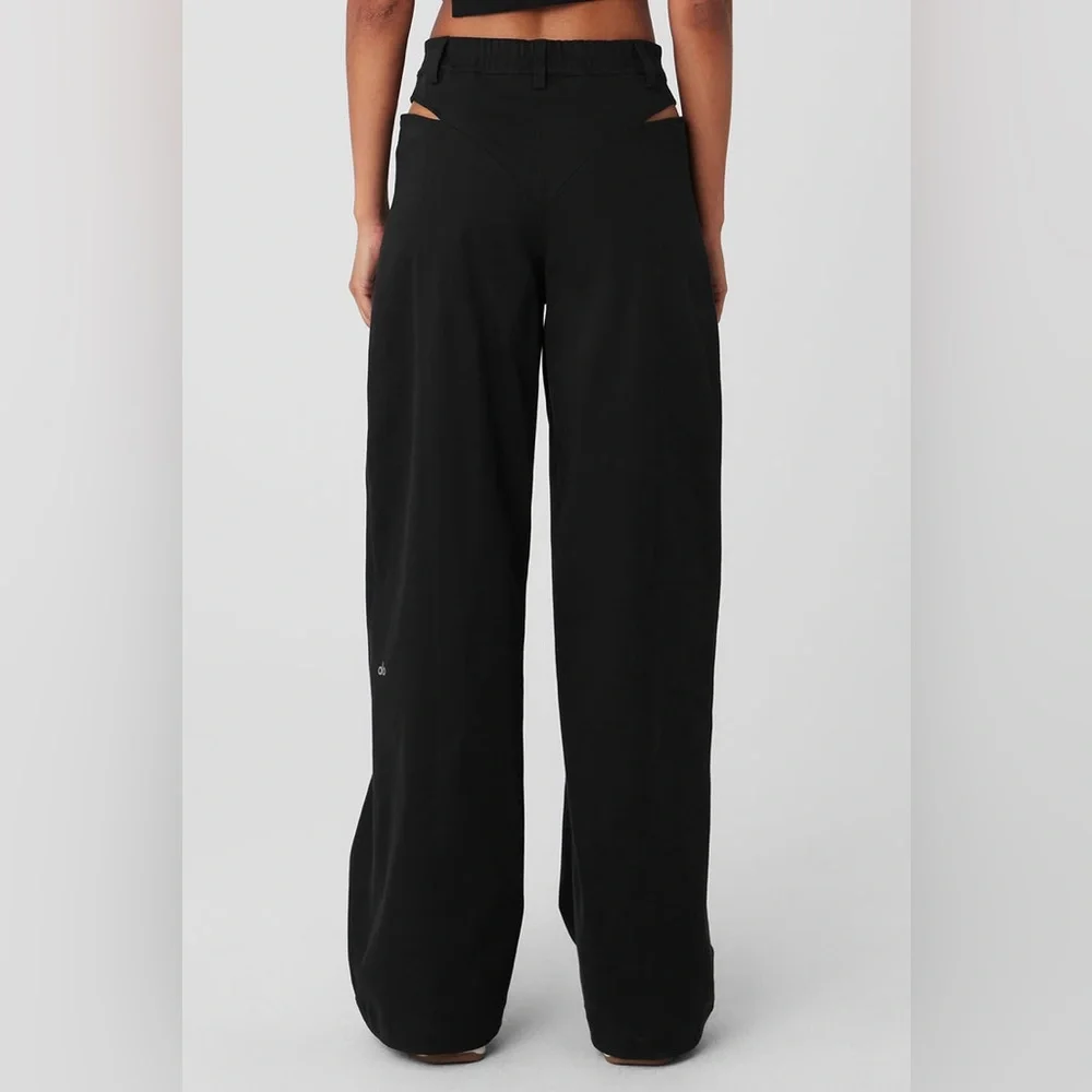 NWOT Alo High Waist Risk Taker Trouser sz Small Black Wide Leg Pants Hip Cutouts